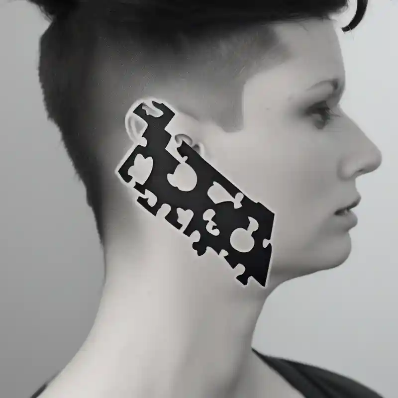 black and white style 2025年のグリッタータトゥーアイデア about side of the neck puzzle piece tattoo where one of the pieces says Rella glitter tattoo and side of the neck puzzle piece tattoo where one of the pieces says Rella glitter tattoo